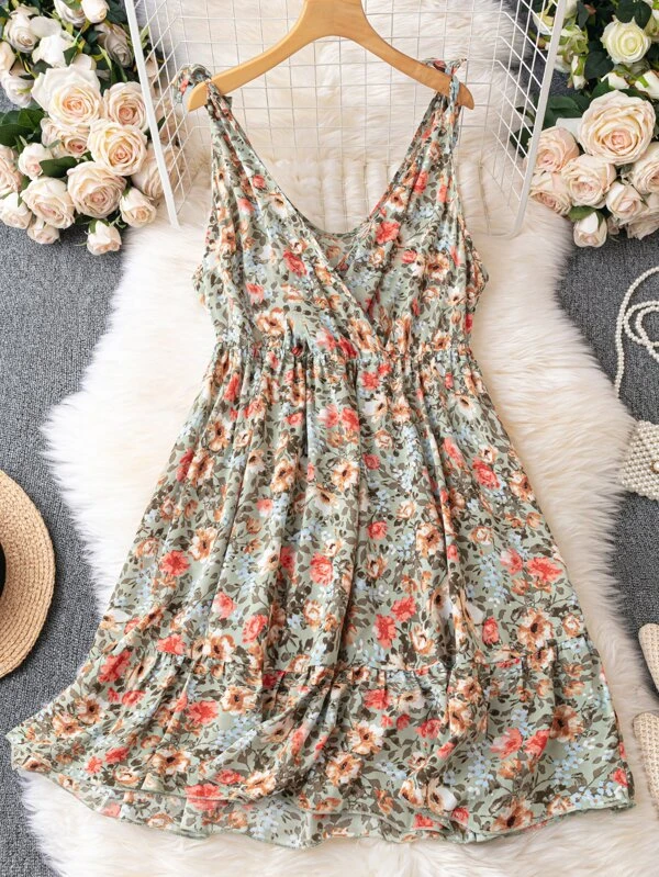 เดรส พลัสไซซ์ ลายดอกไม้ ผูกไหล่ ชายระบาย  039