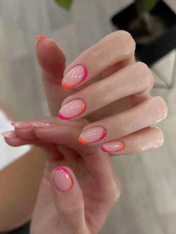 24 ชิ้น เล็บปลอม สั้น วงรี บล็อคสี & ตะไบเล็บ 1 ชิ้น & 1 แผ่น เทป  ค-56