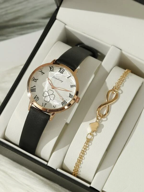 นาฬิกาข้อมือ เครื่องควอตซ์ 1 ชิ้น ลายดอกไม้ หน้าปัดกลม และ สร้อยคอ 1 ชิ้น  น-0154
