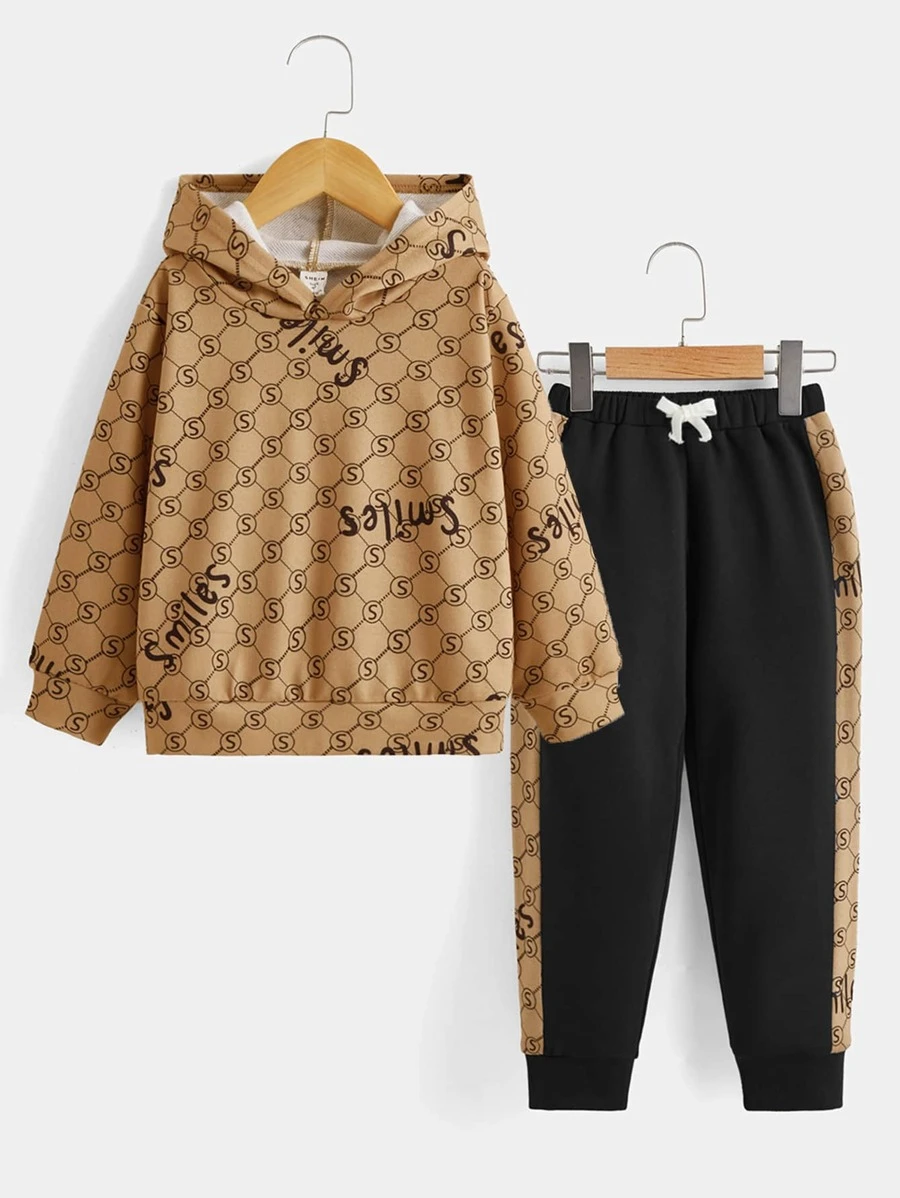 เด็กผู้ชาย เสื้อฮู้ด & กางเกงวอร์ม พิมพ์ลาย ตัวอักษร & เรขาคณิต b-22