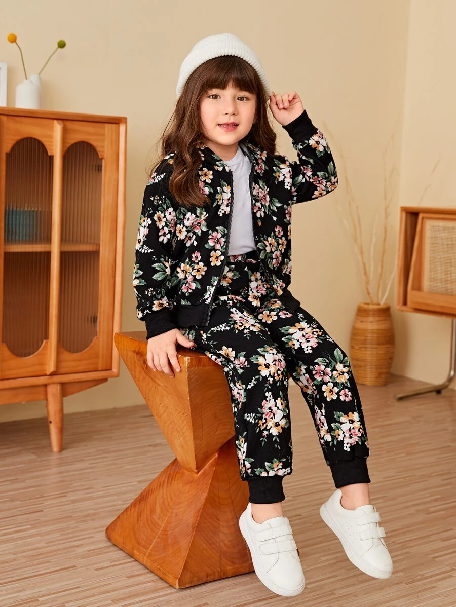แจ็กเกต เด็กเล็กผู้หญิง ลายดอกไม้ บอมเบอร์ และ กางเกงวอร์ม a-78