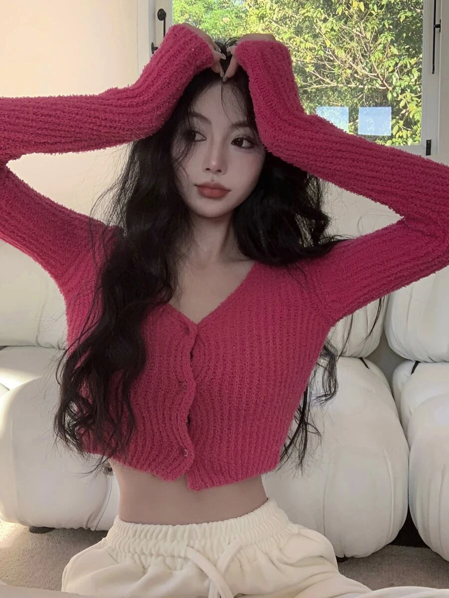 เสื้อคาร์ดิแกน ครอป สีพื้น กระดุมแถวหน้า  i-57