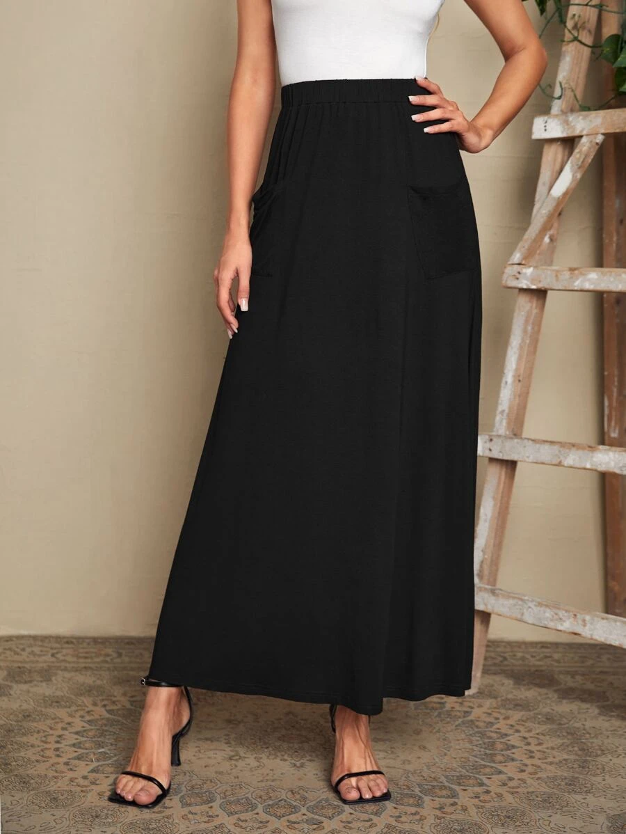 EMERY ROSE กระโปรงทรงบาน ขอบเอวยางยืด ของแข็ง กระเป๋าเย็บแปะ jj-68