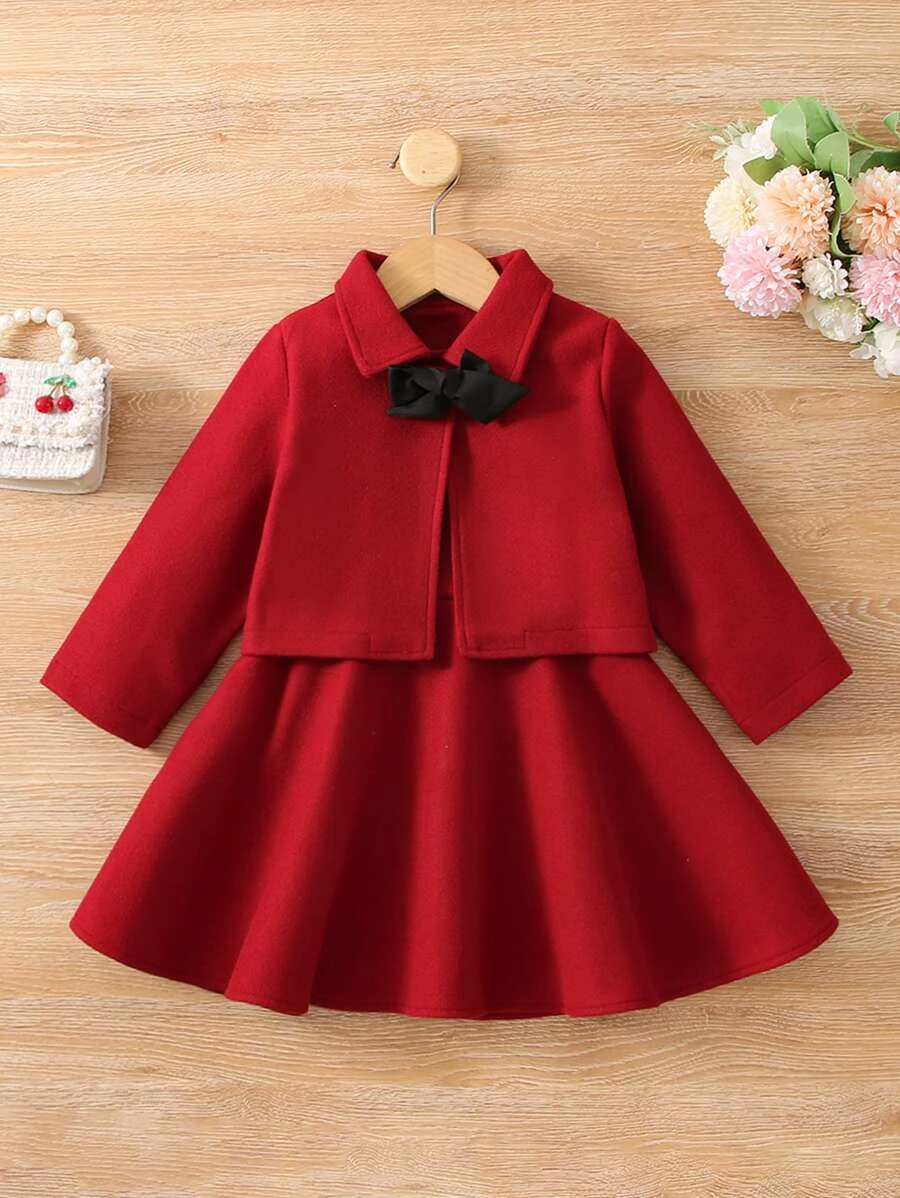 เดรส เด็กเล็กผู้หญิง กระดุมหลัง แขนกุด และ แจ็กเกต แต่งโบว์หน้า a-31
