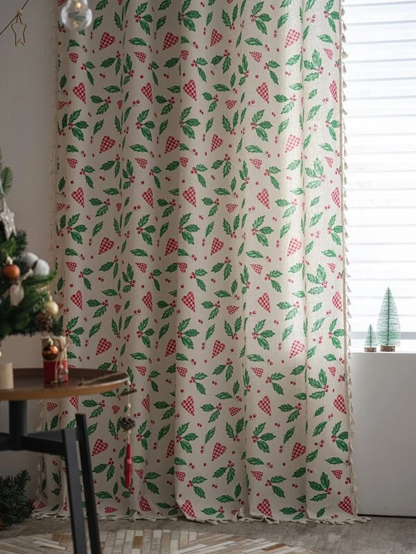 ผ้าม่านตัดแสง ลายคริสต์มาส ลายใบไม้ แต่งพู่  ผ198