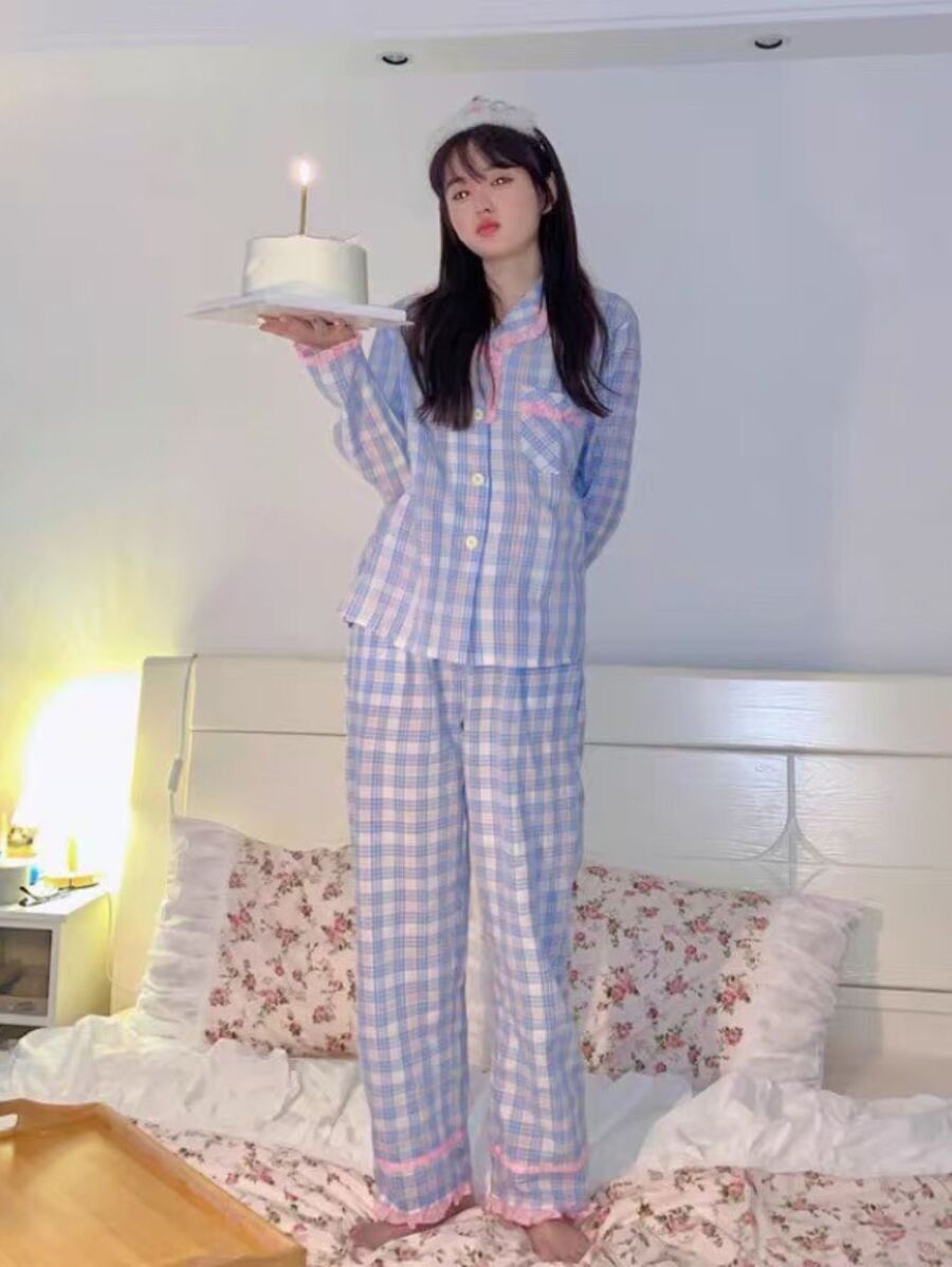 เซตชุดนอนผู้หญิง ชุดนอนแขนยาวขายาว ผ้านุ่ม ลายสก็อต ผ้าคอตตอนผสมเรยอน  bb-3