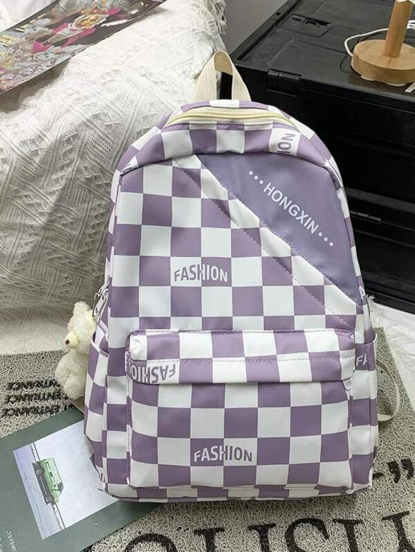 กระเป๋าเป้ คลาสสิค กระดานหมากรุก & กราฟฟิค ตัวอักษร พร้อม จี้กระเป๋า ll-116