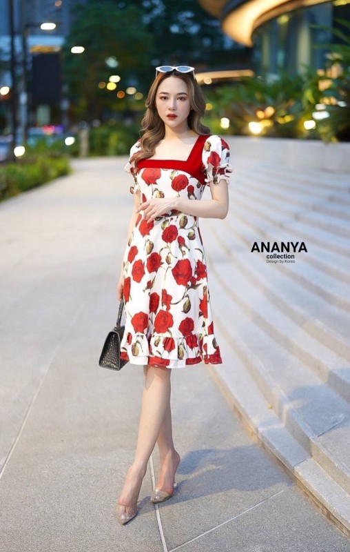 Mini dress rose กุหลาบ  ขอบอก แต่งกำมะหยี่  ส-79