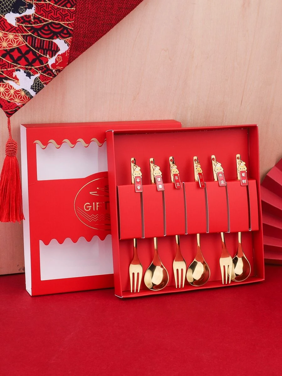 ชุดช้อนส้อม รายละเอียด อักษรจีน จี้ กระต่าย 6 ชิ้น hh-76