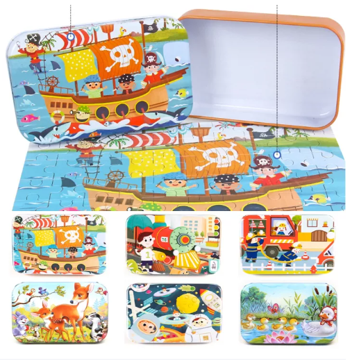 N64-จิ๊กซอว์กล่องเหล็กBabyonlineกล่องเหล็กจิ๊กซอว์ไม้ ตัวต่อจิ๊กซอว์ลายการ์ตูน 60 ชิ้น ของเล่นวิทยาศาสตร์