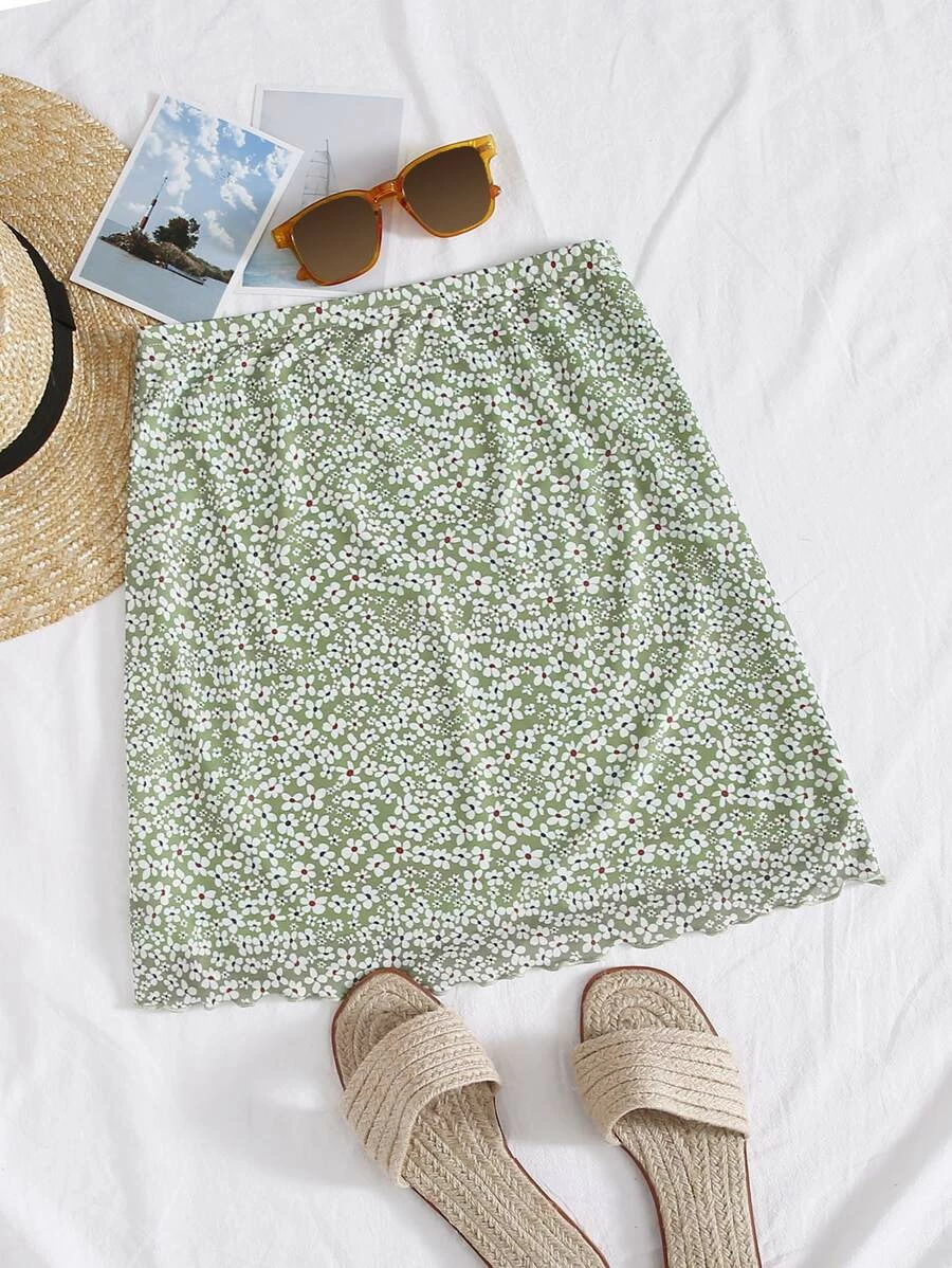 VCAY กระโปรงขอบย่น ลายดอกไม้ขนาดเล็ก ผ้าโปร่ง jj-2