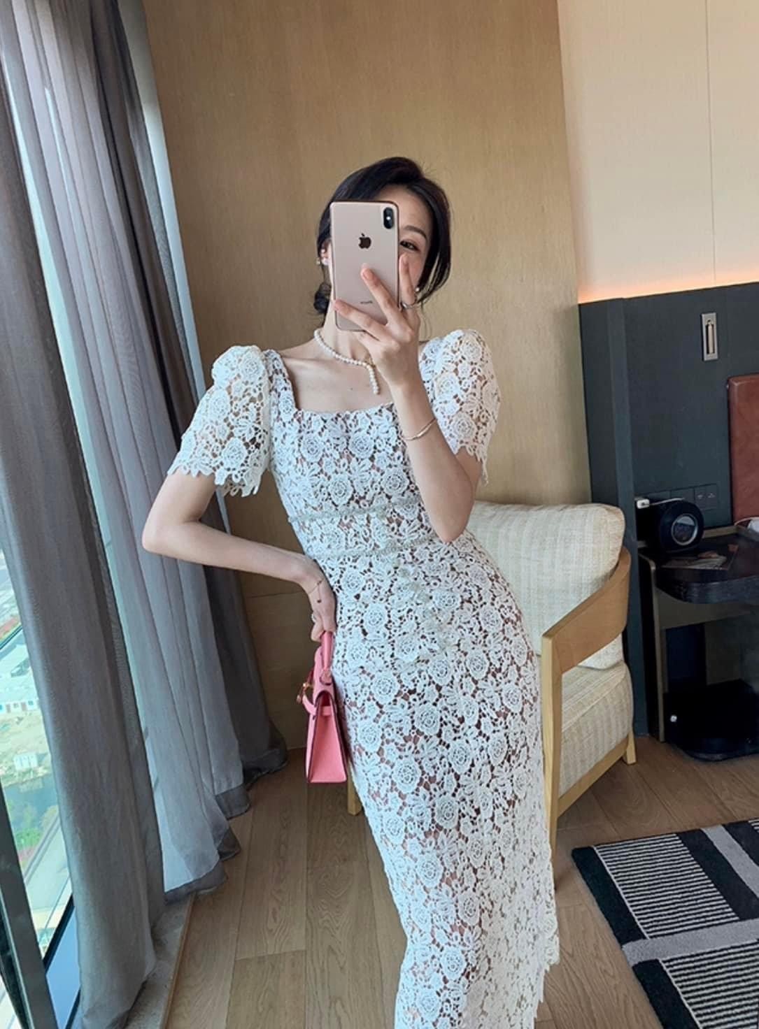 เดรสลูกไม้สีขาวงานถักลายสวย 067