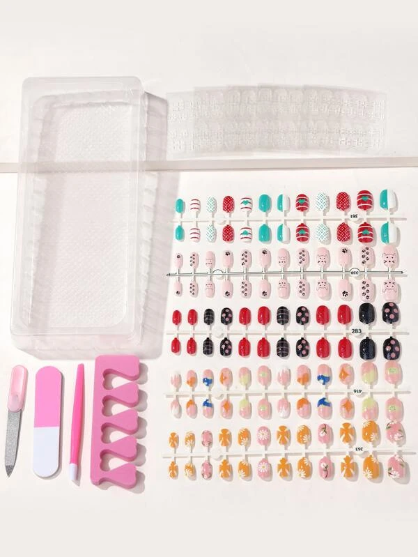 120 ชิ้น เล็บปลอม สั้น วงรี ภาพ การ์ตูน & 8 ชิ้น ชุดเครื่องมือ   ค-41