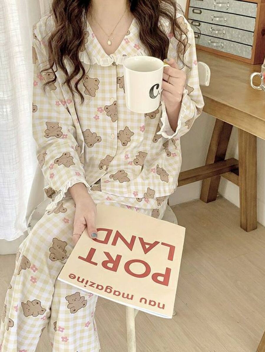 ชุดนอนผู้หญิง เซ็ตชุดนอนผ้าคอตตอนผสมเรยอน ชุดนอนแขนยาวขายาว ชุดนอนลายสก็อต  bb-2
