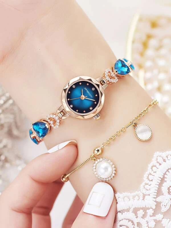 นาฬิกาควอทซ์ ตัวชี้ แบบกลม ตกแต่ง พลอยเทียม  น-91