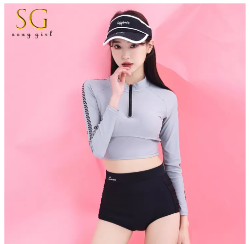 S19 SG ชุดว่ายน้ำ 2 ชิ้น เสื้อแขนยาว + กางเกงขาสั้น มีฟองน้ำ มีซิปรุดด้านหน้าอก ดีไซน์รัดรูป-9028