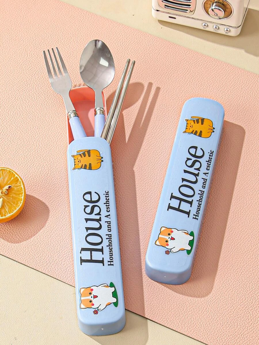 เซตอุปกรณ์ทานอาหาร 3 ชิ้น ลายแมว และ ลายตัวอักษร และ กล่อง 1 ชิ้น hh-20