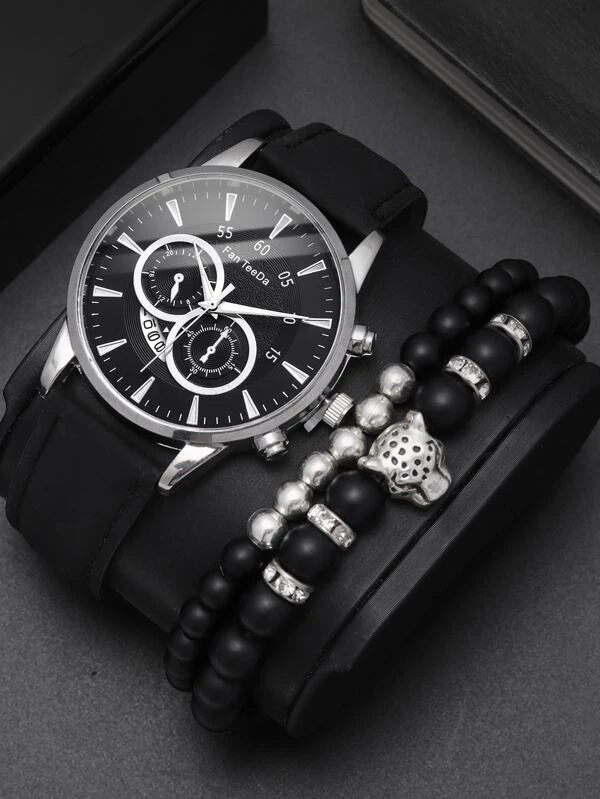 นาฬิกาข้อมือ เครื่องควอตซ์ 1 ชิ้น ผู้ชาย หน้าปัดกลม และ สร้อยคอ 2 ชิ้น  น-0157