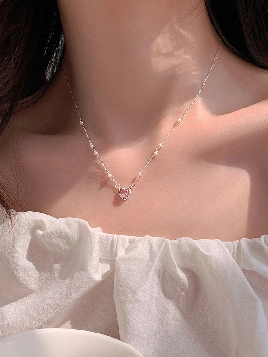 จี้สร้อยคอ แต่งไข่มุกเทียม ติดเพชร ลายหัวใจ kk-105