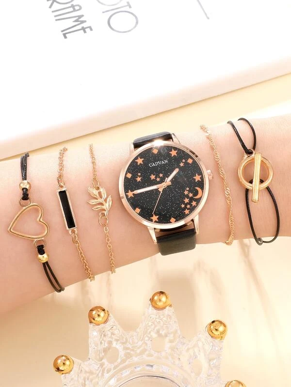 นาฬิกาข้อมือ เครื่องควอตซ์ 1 ชิ้น ลายดวงดาว และ ลายพระจันทร์ หน้าปัดกลม และ สร้อยคอ 5 ชิ้น  น-0164