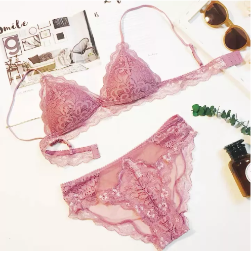 BRA83 Sexy Open Cup Plunge Bra For Girls Lace Ultra Thin Lined Wireless Triangle Bra and Panties Set Underwear Lingerie Women soft brassiere and lace panty set Big breasts look small
