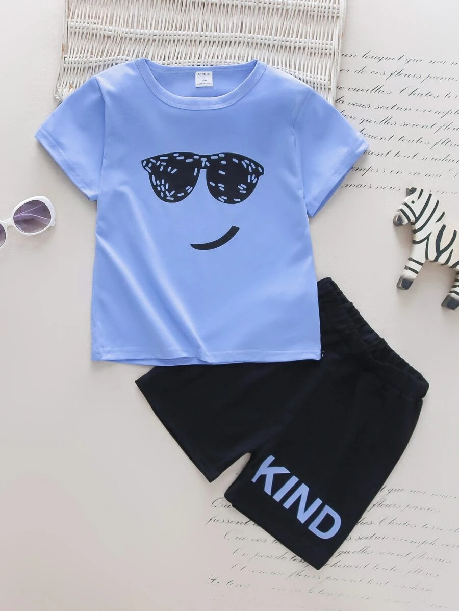 เด็กผู้ชาย ภาพ การ์ตูน เสื้อยืด & พิมพ์ ตัวอักษร กางเกงขาสั้น b-79