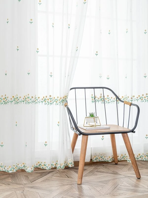 ผ้าม่าน ผ้าโปร่ง ปักดอกไม้  ผ123