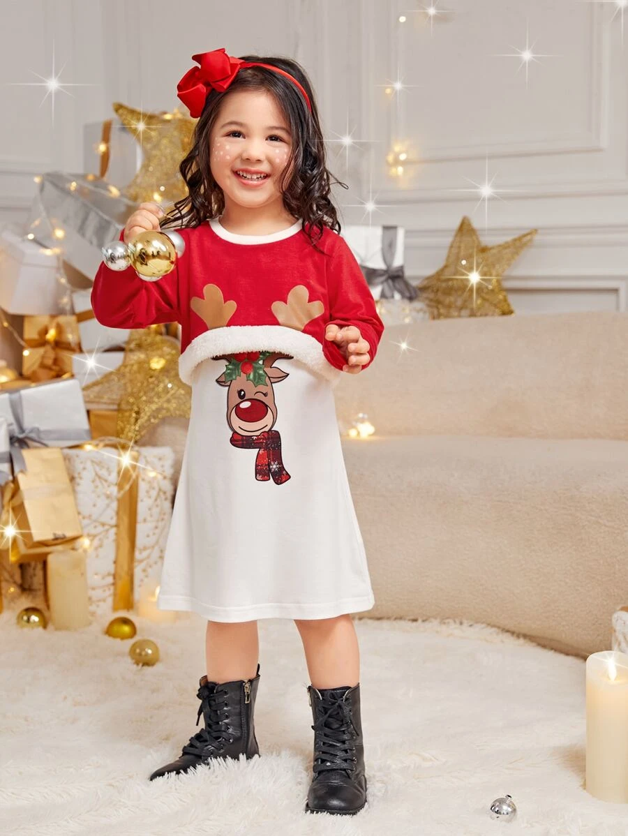 เดรส สายเดี่ยว เด็กเล็กผู้หญิง ลายกวางคริสต์มาส และ เสื้อยืด ขอบแต่งขน a-2