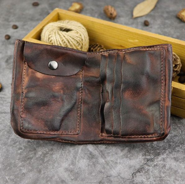 HU53-กระเป๋าสตางค์หนังแท้สำหรับชาย Vintage Handmade Cowhide กระเป๋าสตางค์ Bifold สั้นกระเป๋าถือเหรียญกระเป๋าเง