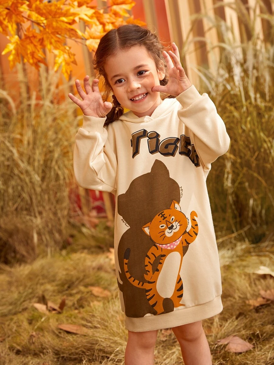 เด็กผู้หญิง เดรสฮู้ดดี้ ลาย ตัวอักษร & การ์ตูน a-47