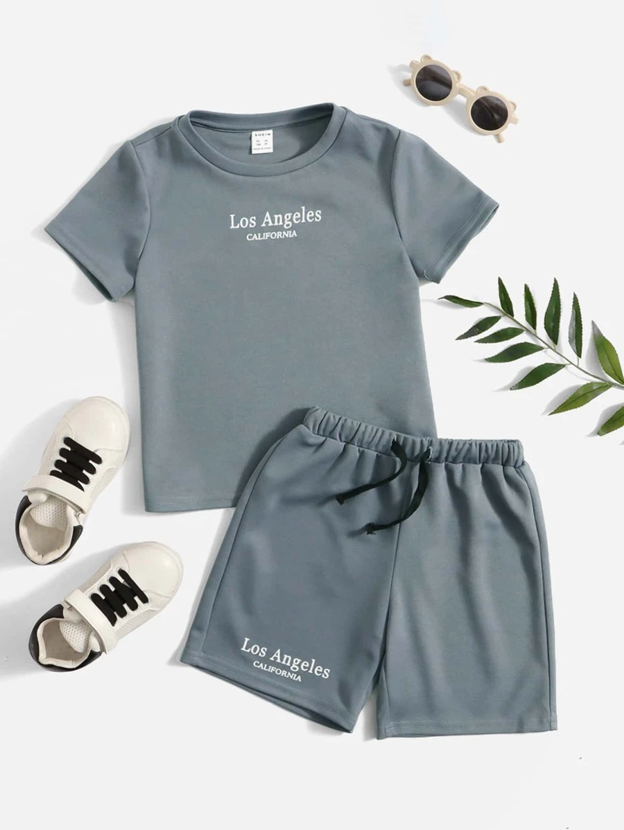 เด็กผู้ชาย พิมพ์ ตัวอักษร เสื้อยืด & สายรัดเอว เซ็ทกางเกงขาสั้น b-45