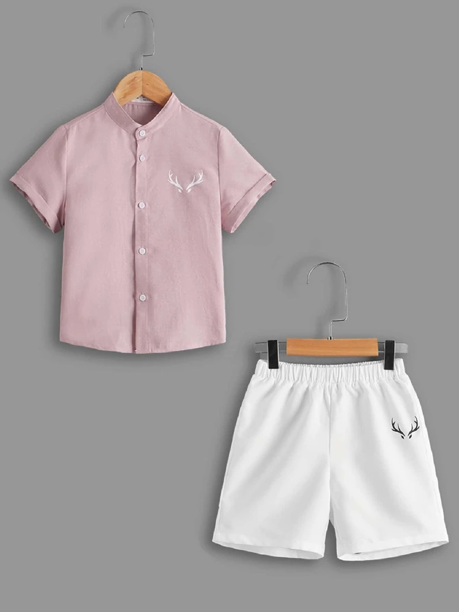 เด็กผู้ชาย เสื้อเชิ้ต เสื้อคอสูง เขากวาง พิมพ์ & กางเกงขาสั้น b-66