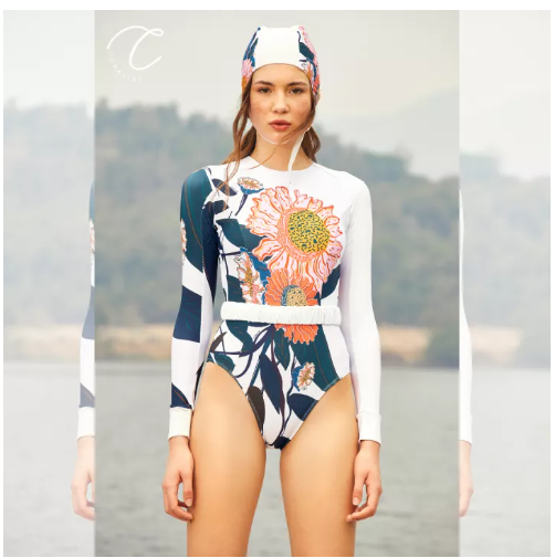 S74 [Coralist Swimwear] ชุดว่ายน้ำแขนยาวเว้าหลังรุ่น April สี Seaside Daisy (CREX210)