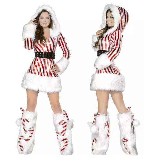 SE78@Women Snowman Christmas Costume Sexy Hooded Long Sleeve Dress Striped Slim Dress Carnival Party Uniform Dress With Belt Boot Cover