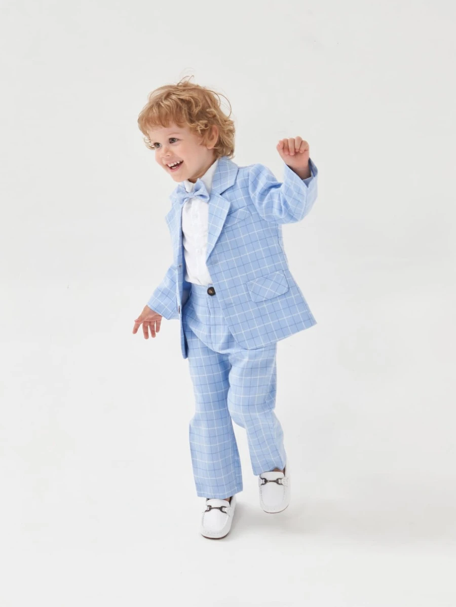 เด็กผู้ชาย 3 ชิ้น เสื้อเบลเซอร์ ลายสก็อต & กางเกง & เสื้อเชิ้ต โบว์หน้า b-1
