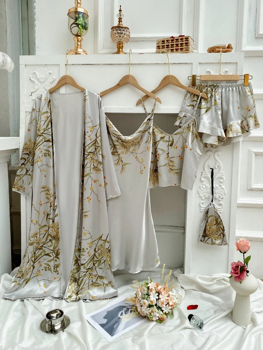 5 ชิ้น ลายดอกไม้ ผ้าซาติน เสื้อท็อปสายเดี่ยว & คามิเดรส & กางเกงขาสั้น & เสื้อคลุมยาว พร้อม เครื่องสำอาง ถุง bb-74