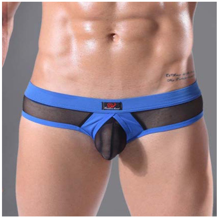 MH01-กางเกงในชายเป้าตุงสีดำขอบน้ำเงิน ผ้าซีทรูทั้งตัว