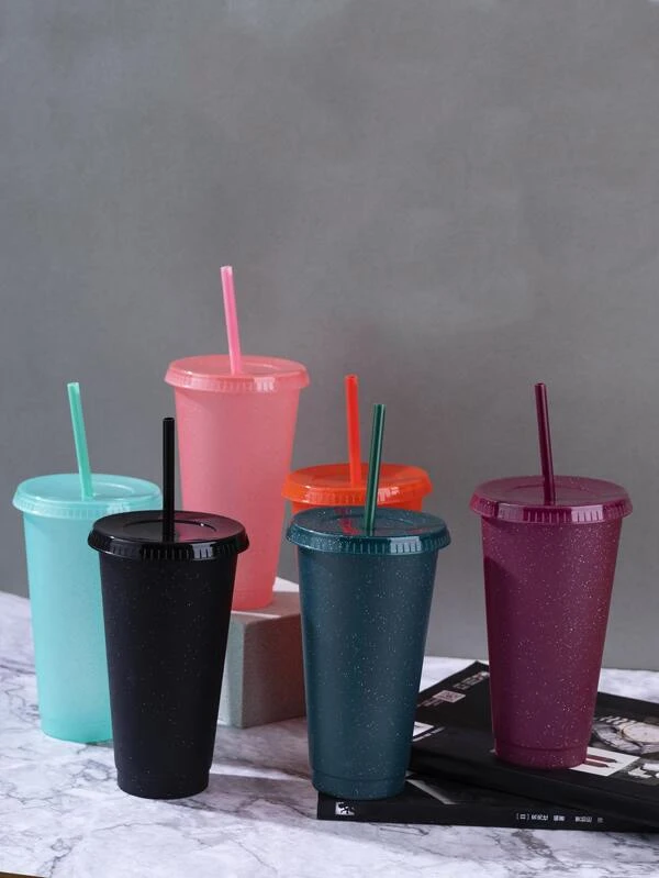 ถ้วย สีสุ่ม กลิตเตอร์ พลาสติก ฟาง สำหรับ ฤดูร้อน 1 ชิ้น  oo-84