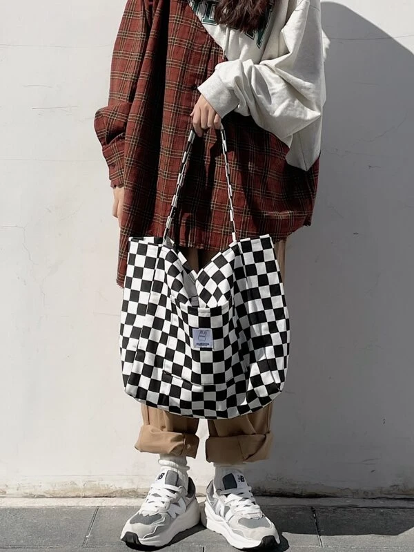 กระเป๋าช้อปปิ้งผ้าใบ ลายบล็อกสี ลายสก็อต n-71