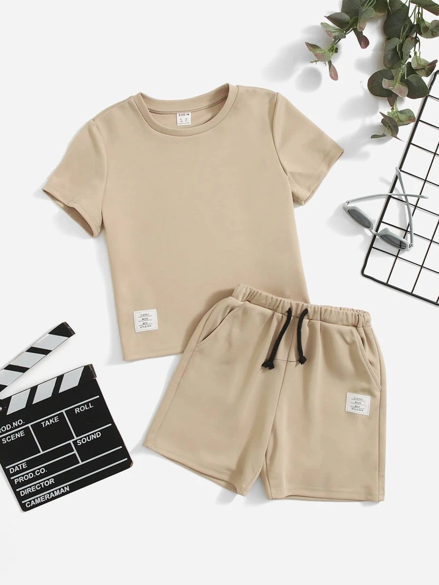 เด็กผู้ชาย รายละเอียด แพทช์ตัวอักษร เสื้อยืด & สายรัดเอว กางเกงขาสั้น b-43