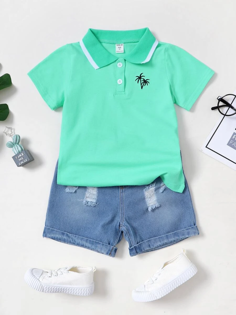 เด็กผู้ชาย งานปัก ต้นปาล์ม เสื้อโปโล & ขาด กางเกงขาสั้น เดนิม b-63