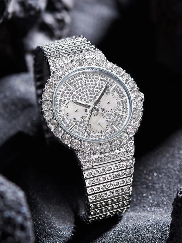 ผู้ชาย นาฬิกาควอทซ์ ตัวชี้ แบบกลม ตกแต่ง พลอยเทียม น-62