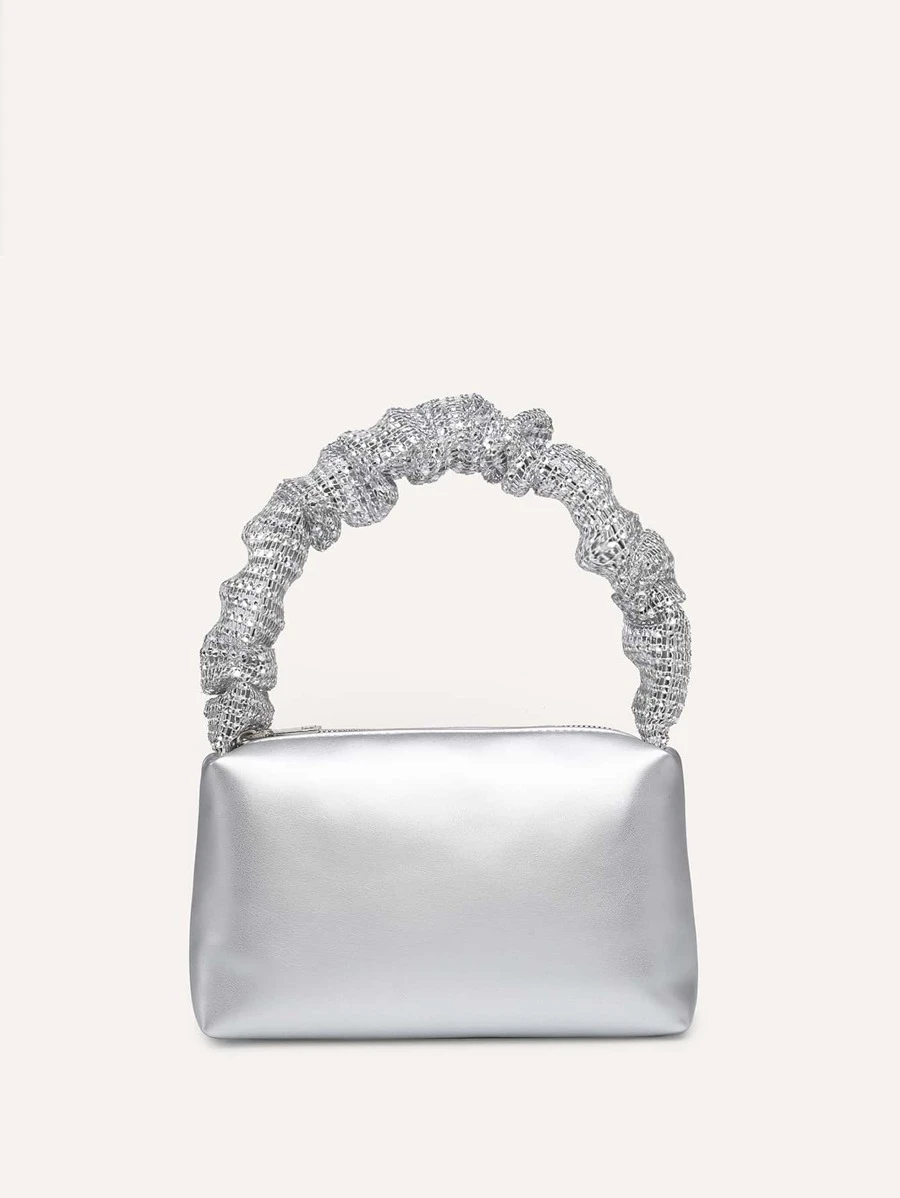 กระเป๋าสี่เหลี่ยม เมทัลลิค ตกแต่ง พลอยเทียม สายคล้องมือด้านบนv-48