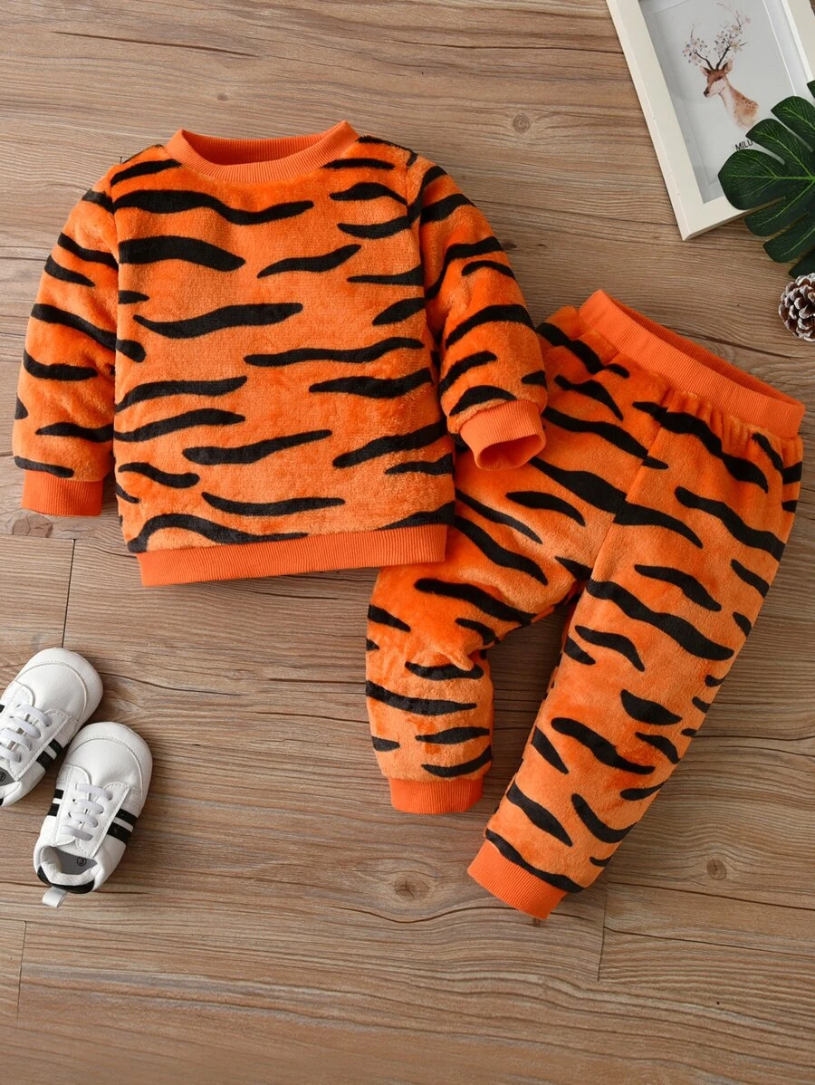 เด็กผู้ชายวัยหัดเดิน หนังเสือ ภาพพิมพ์ ผ้าสักหลาด เสื้อสวมหัว & กางเกงวอร์ม b-35