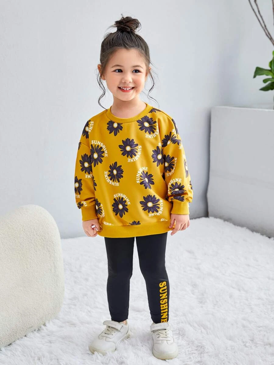 เด็กผู้หญิง เสื้อสวมหัว พิมพ์ลาย ดอกไม้ & เลกกิ้ง พิมพ์ ตัวอักษร a-25