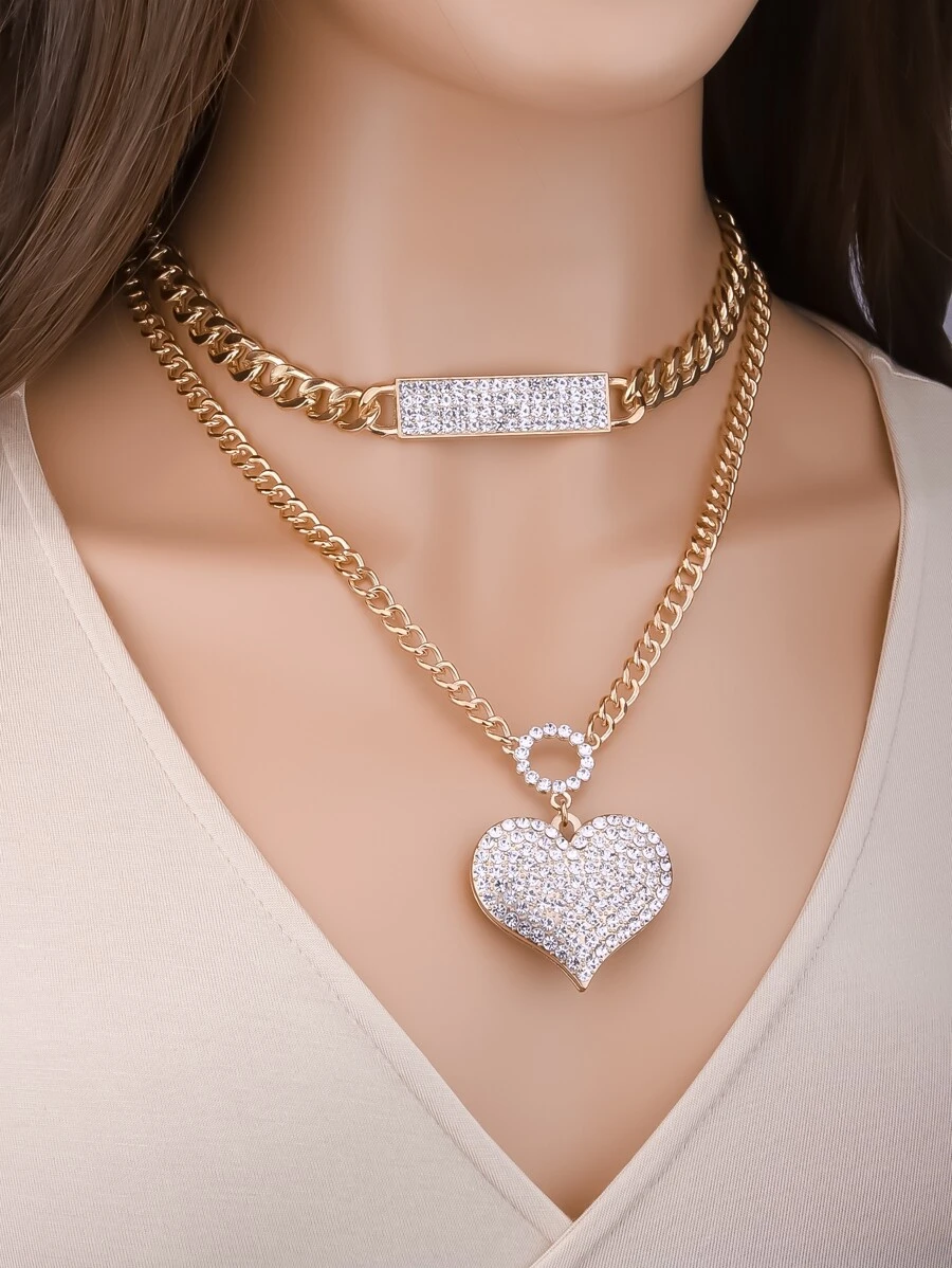 2 pcs Rhinestone Heart Charm สร้อยคอ kk-185
