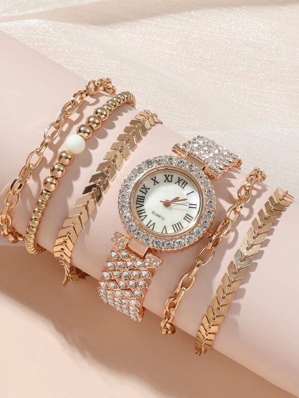 1 ชิ้น ตกแต่ง พลอยเทียม นาฬิกาควอทซ์ ตัวชี้ แบบกลม & 5 ชิ้น สร้อยข้อมือ  น-0201