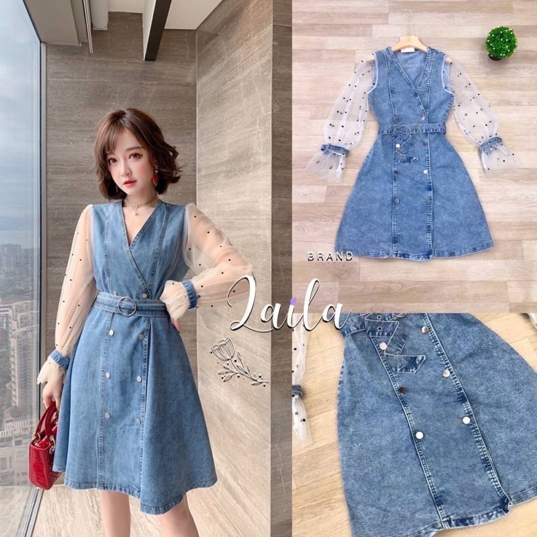 เดรสกระโปรงผ้ายีนส์แต่งแขนน่ารักๆ ส-89