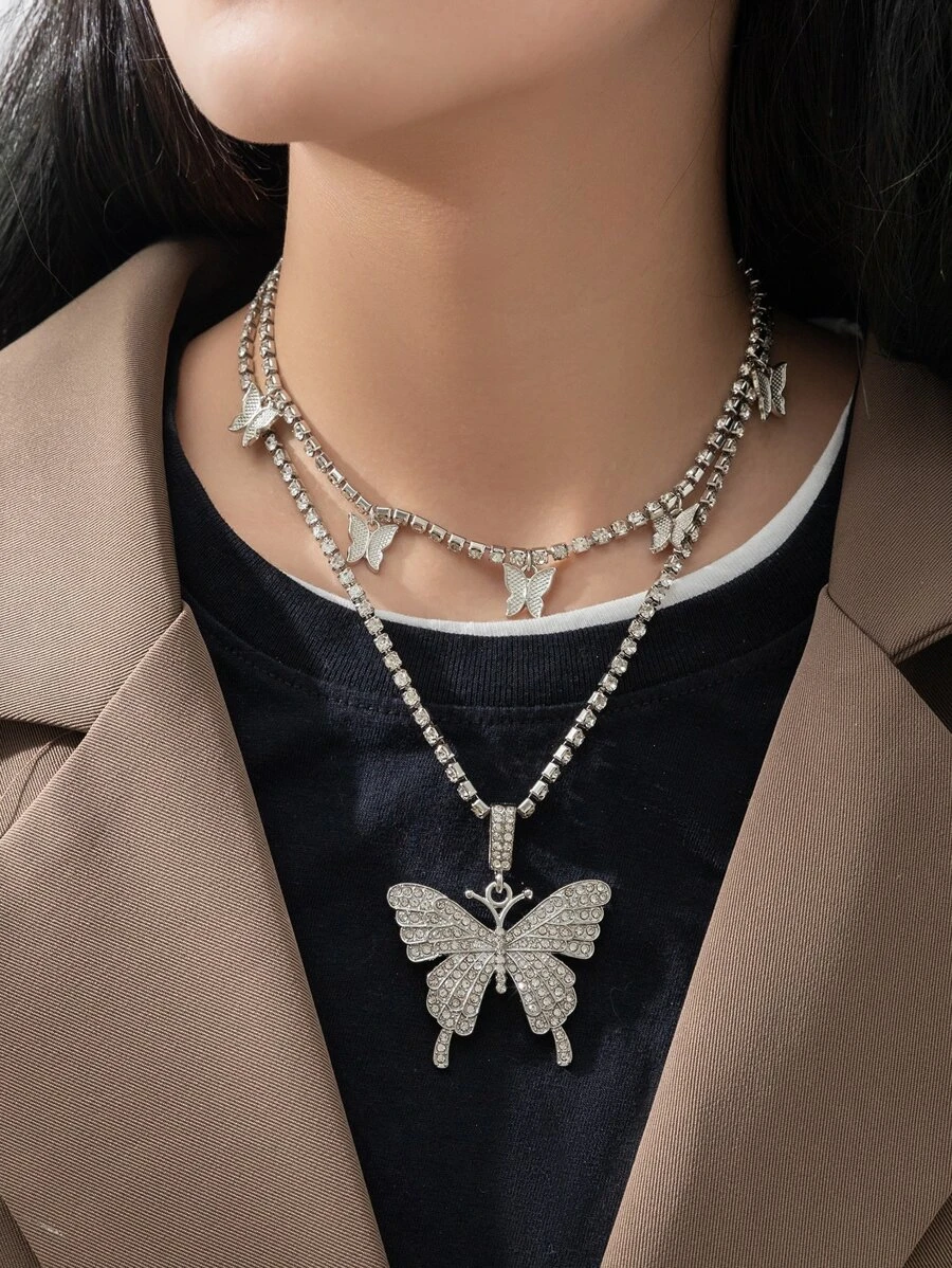 ROMWE สร้อยคอ ตกแต่ง พลอยเทียม การออกแบบ ผีเสื้อ 2 ชิ้น kk-165