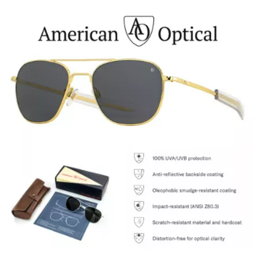 (ว#051) Original American Opitcal Glasses (AO) Handcrafted eyewear worn by pilots. MADE IN USA. Gray Lens - Gold Frame